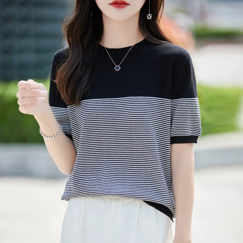 2026 Summer New Women 100% Cotton Knit Striped Round Neck T-Shirt Women Clothing Tops Short Sleeve Sweater Casual Basic Pullover
