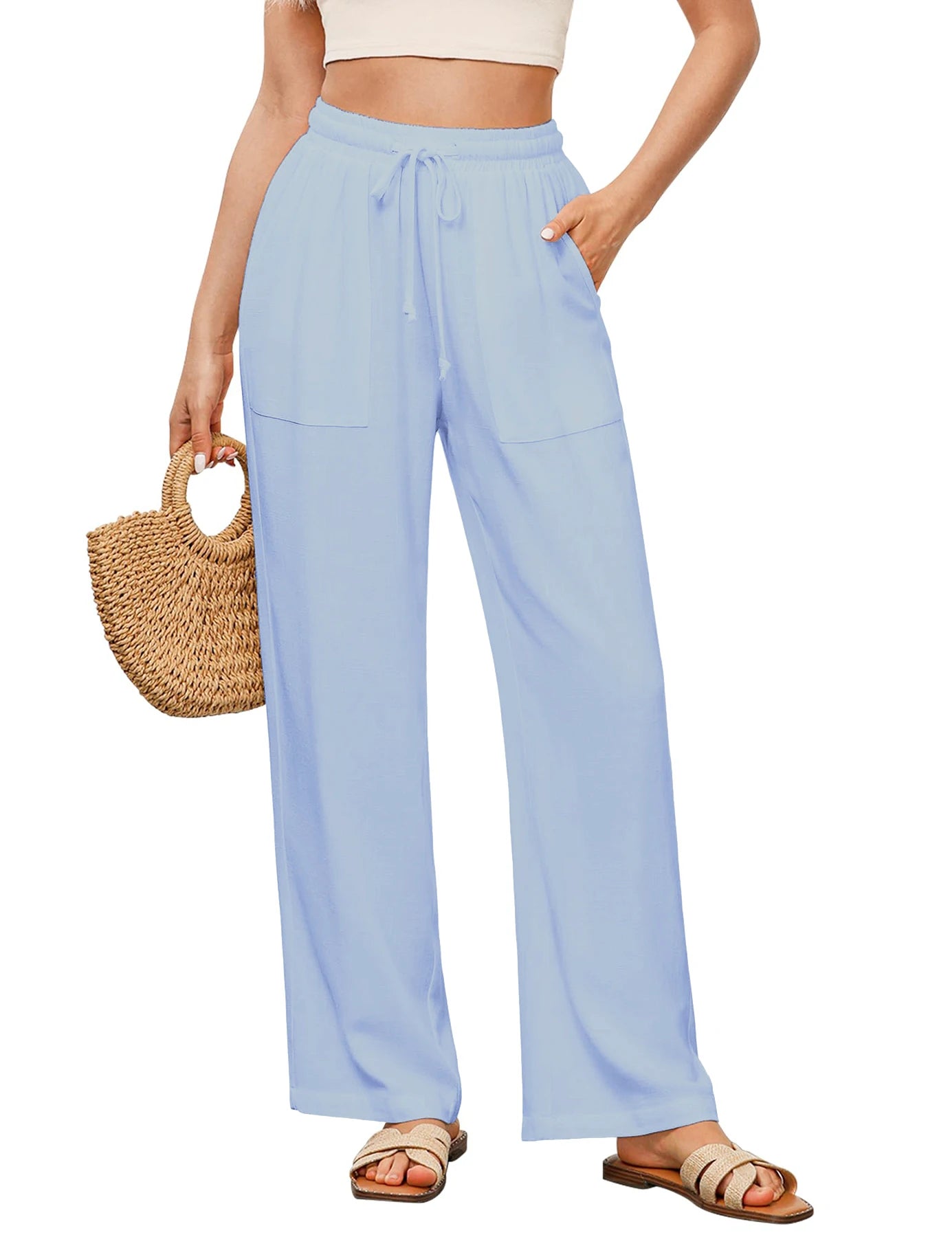 Women's Solid Color Loose Wide Leg Pants Casual Drawstring Straight Pants Pocket Casual Pants Trousers Loose High Waisted Pants