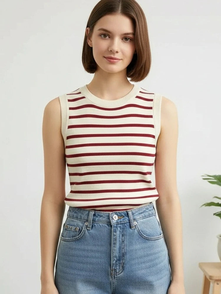 2026 Spring Summer Sleeveless Knitted T-Shirts Striped Women Tank Tops Crop Tops Female Elastic Slim Casual Vests Pullover Camis