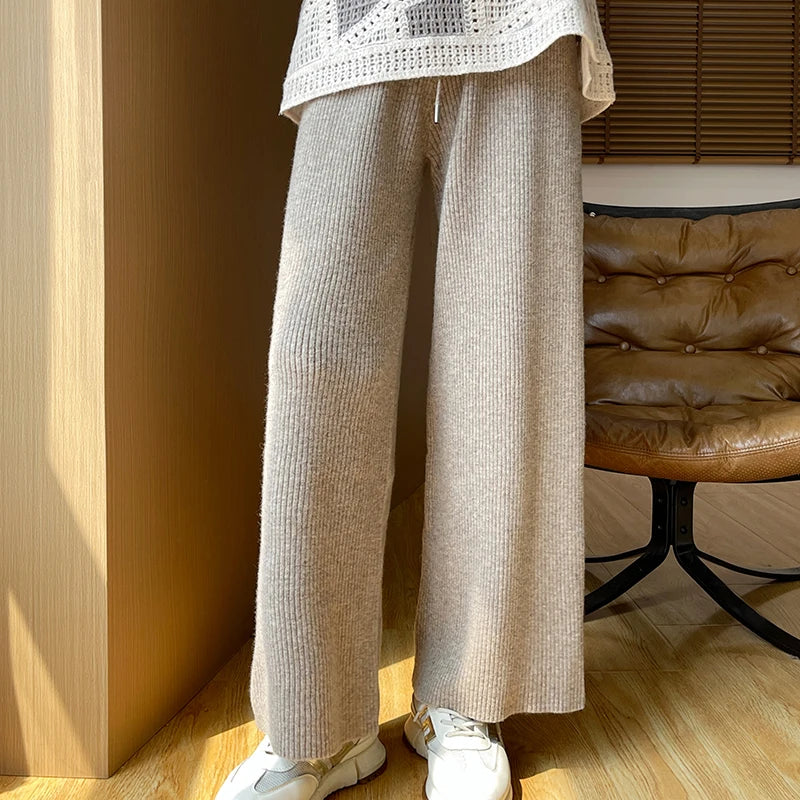 Women's autumn and winter 100% Merino Wool Sprout Leg Pants High Waist Straight leg Casual Knitted Pants Loose Outer Wool Pants