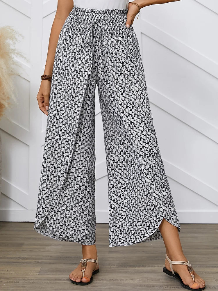 Spring/Summer Women's French Style Full Print Waist Tulip Hem Wide Leg Loose Crossed Long Pants