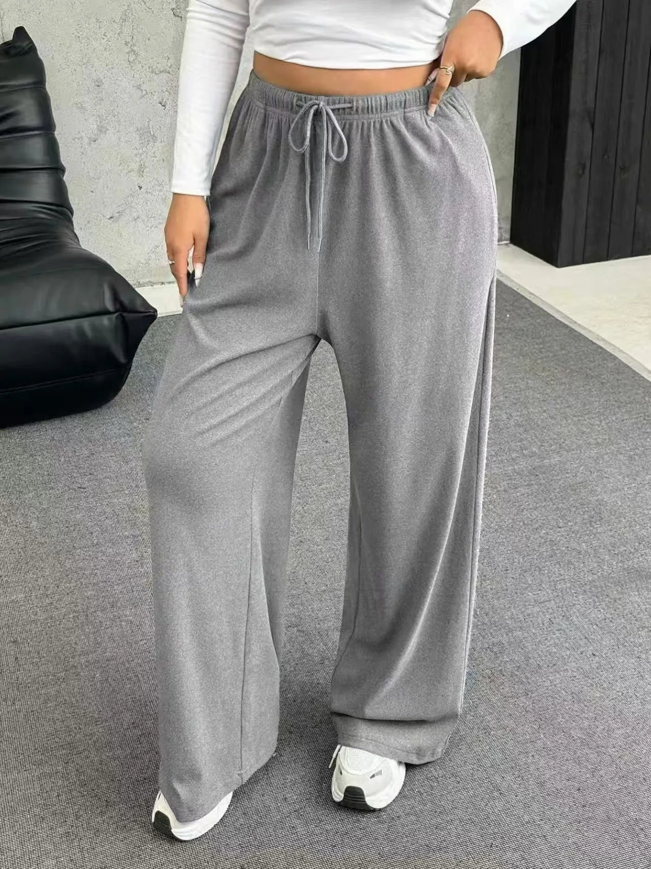 Women's Elastic Waist Drawstring Wide-Leg Pants with Side Pockets, Casual and Minimalist, Suitable for Daily Wear and Outdoor Sp