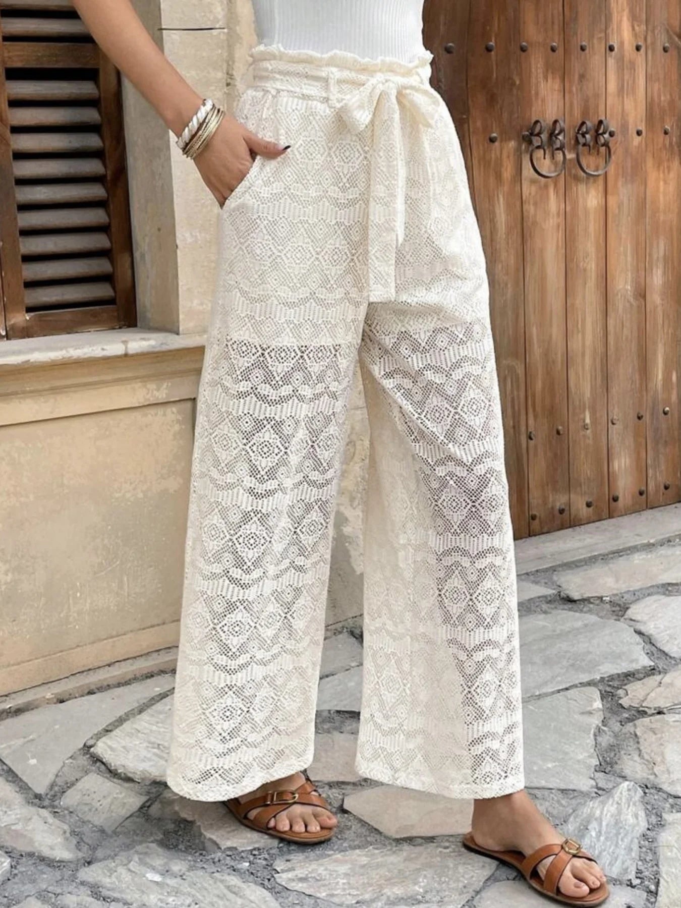 Elegant Romantic Lace Crochet High-Waisted Pleated Belted Straight Pants for Ladies Vacation Fashion Ladies' Clothing