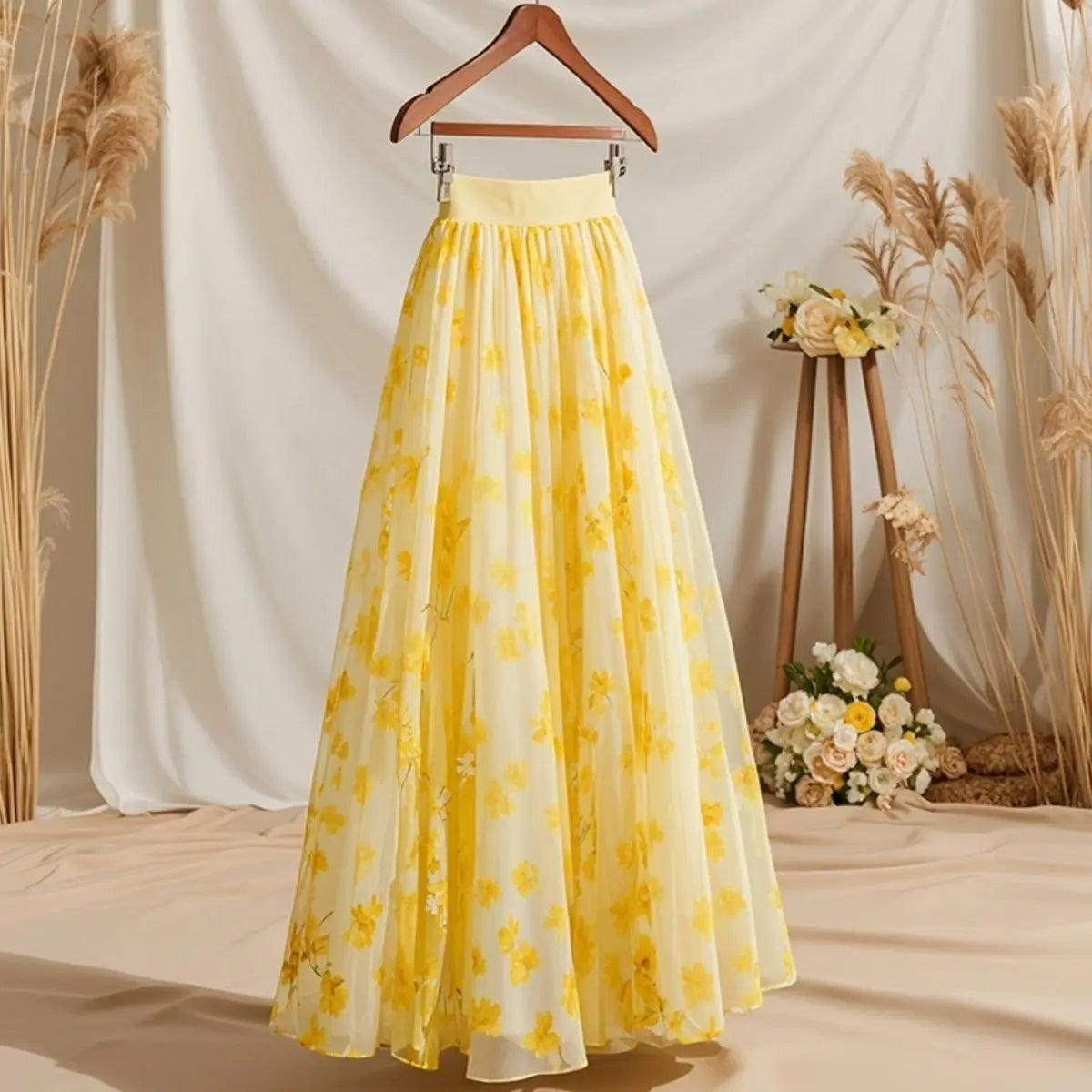 Spring Autumn New Yellow Chiffon Temperament Floral Long Dress Ladies High Waist Skirts Women Clothes All-match A-line Skirt