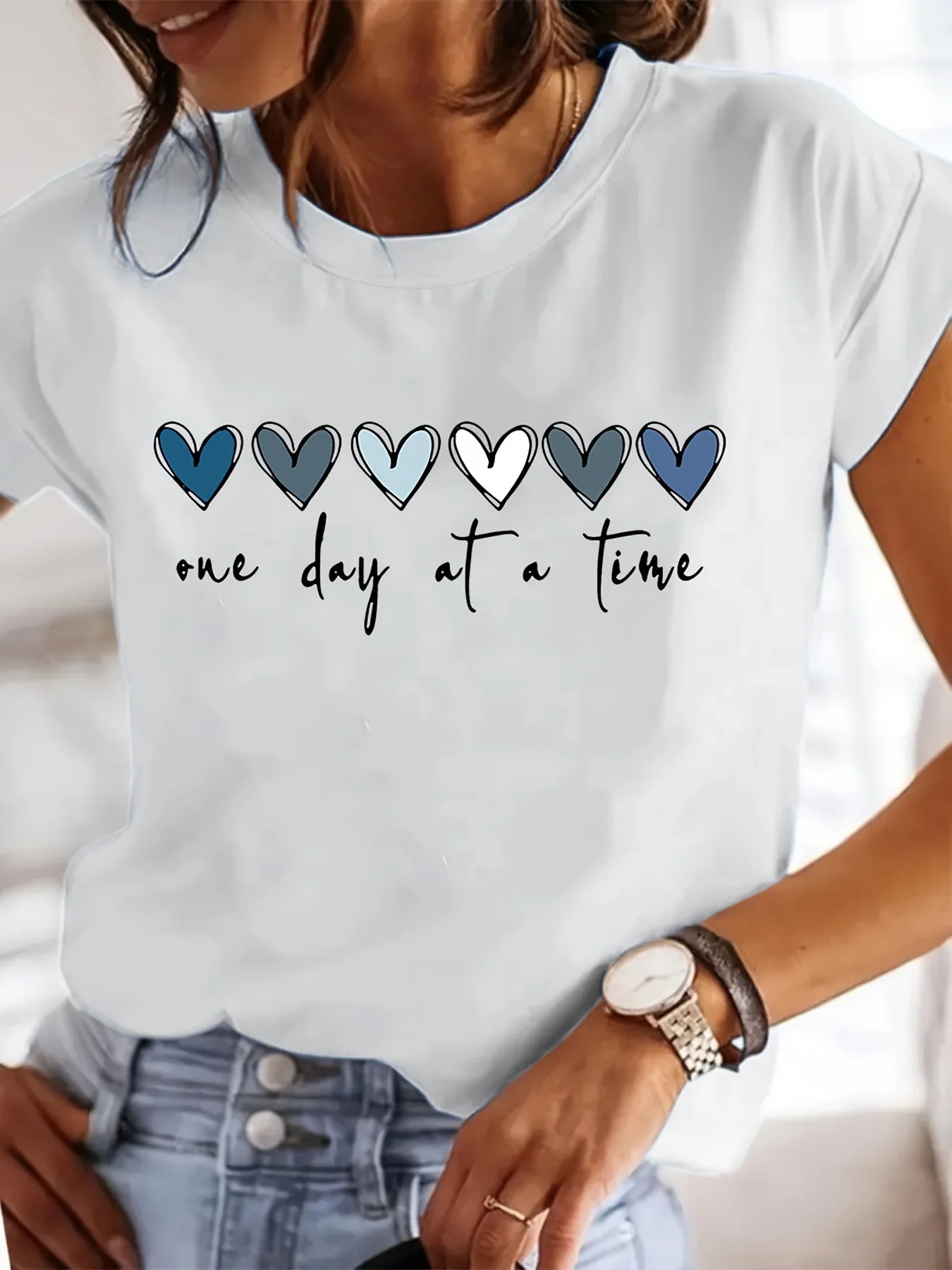 Women'S Casual Graphic T-Shirt - It'S One Day at a Time Heart Print, Short Sleeve Round Neck Top for Spring & Summer