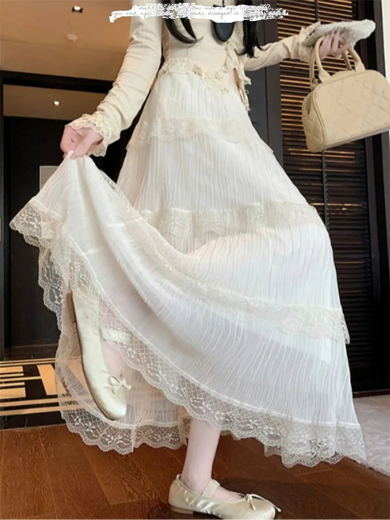 Spring Summer Women Chiffon Skirts Vintage High Waist Elastic Patchwork White Black Chic Long Cake A-line Skirt for Student