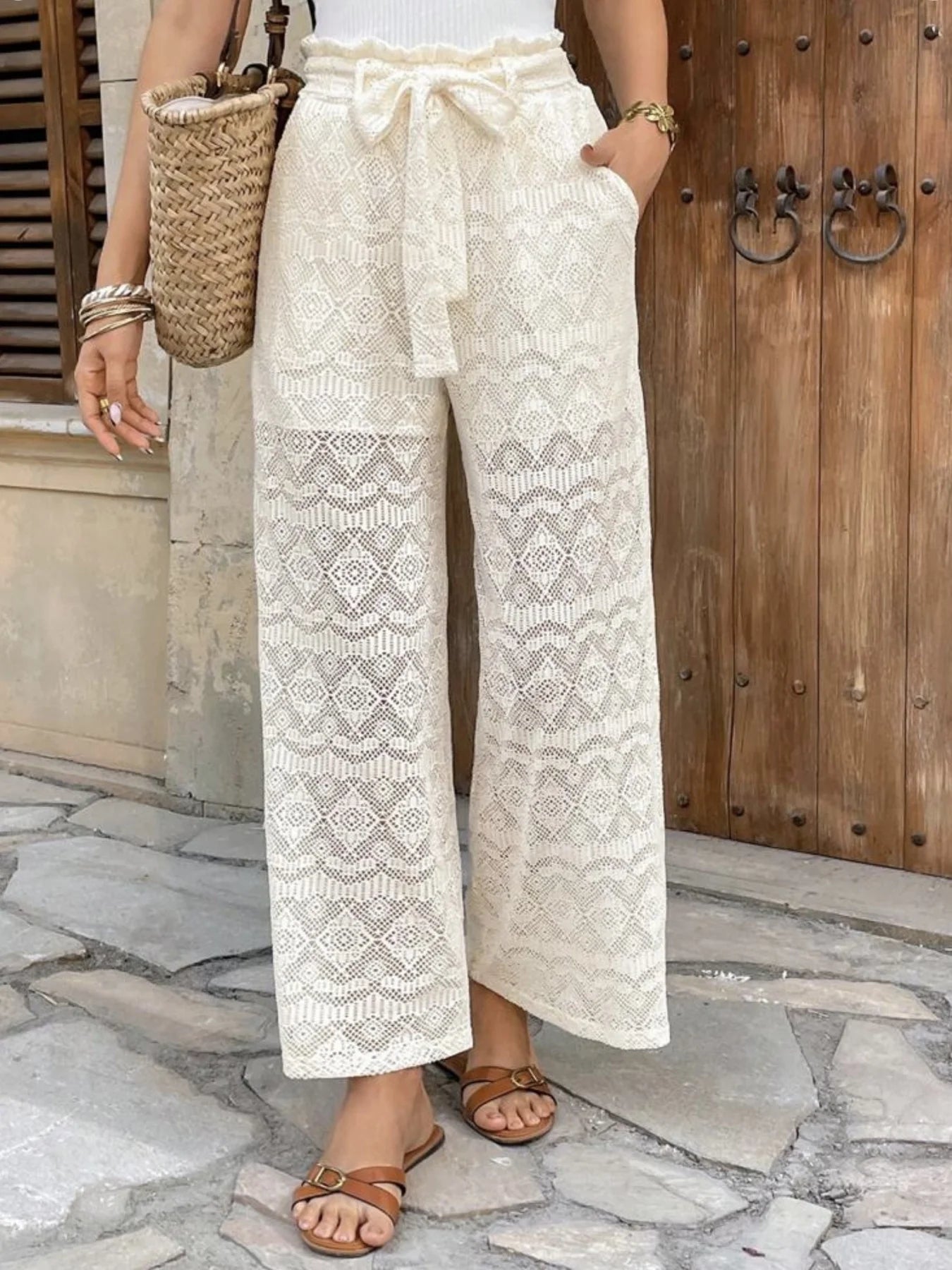 Elegant Romantic Lace Crochet High-Waisted Pleated Belted Straight Pants for Ladies Vacation Fashion Ladies' Clothing