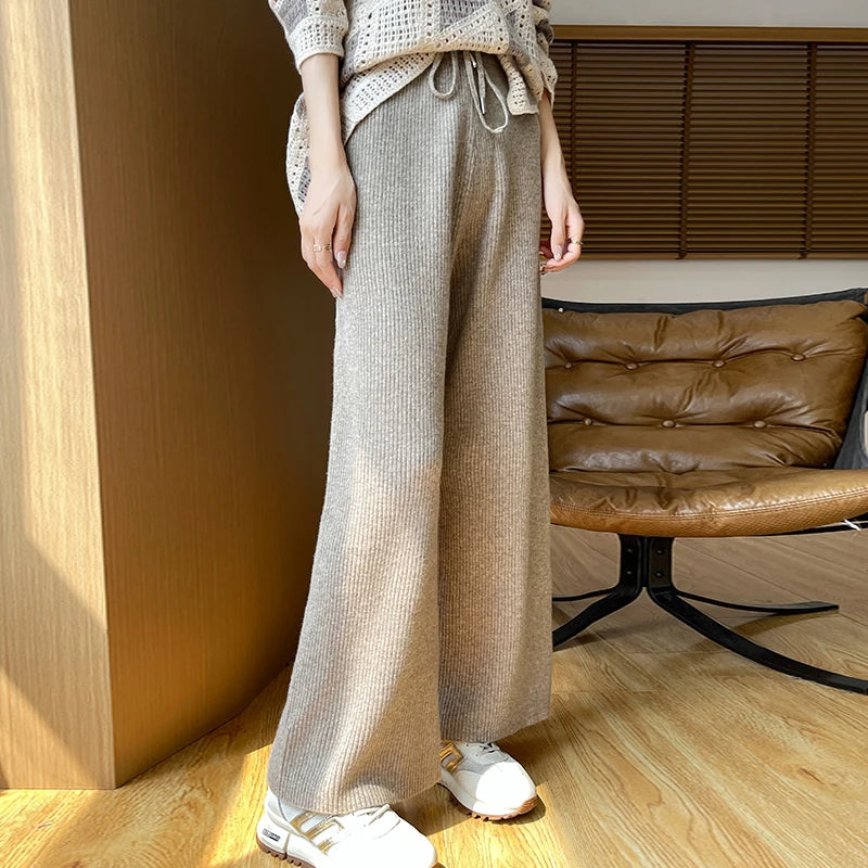 Women's autumn and winter 100% Merino Wool Sprout Leg Pants High Waist Straight leg Casual Knitted Pants Loose Outer Wool Pants