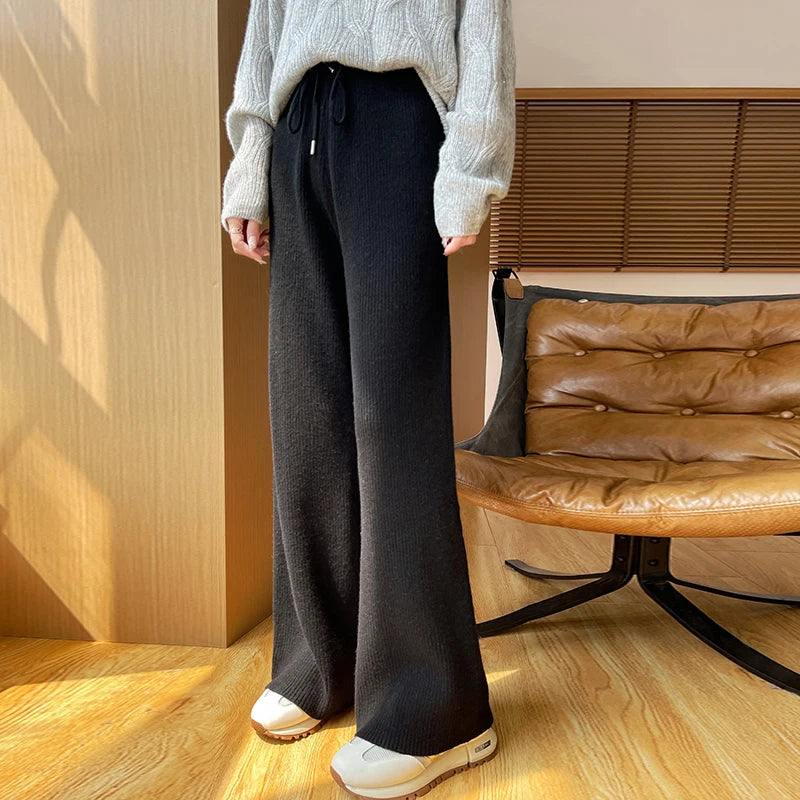 Women's autumn and winter 100% Merino Wool Sprout Leg Pants High Waist Straight leg Casual Knitted Pants Loose Outer Wool Pants