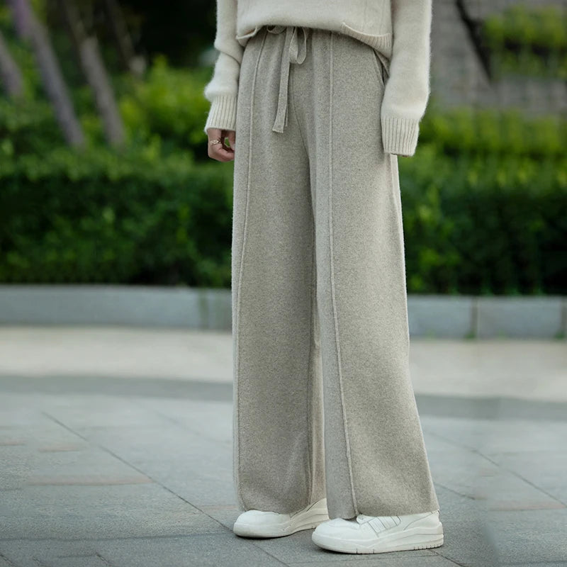 Women's 100% Pure Wool Knitted Casual Center With Pockets Wide Leg Pants for Wearing Outside Jogging Pants Women's Clothing