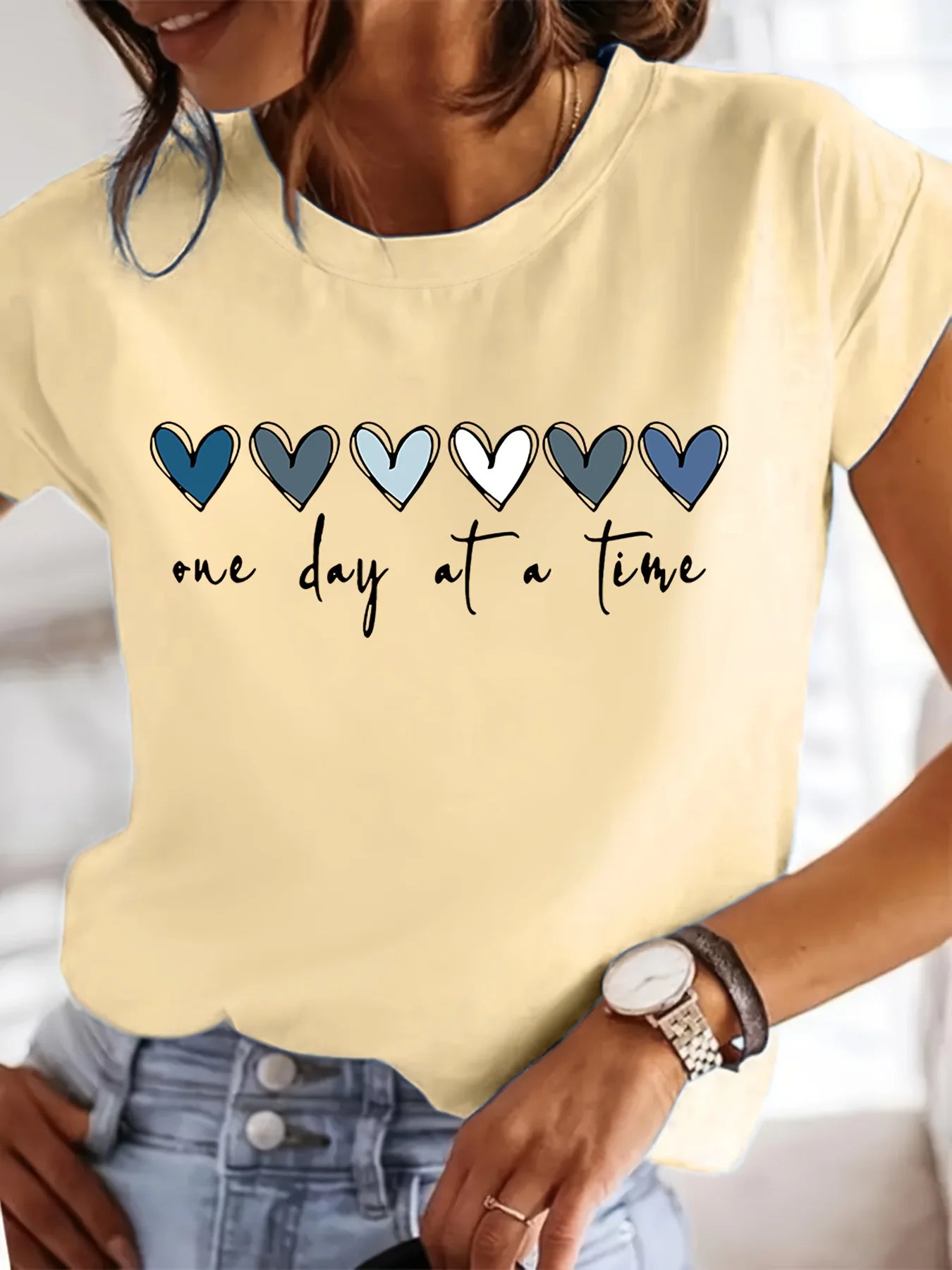 Women'S Casual Graphic T-Shirt - It'S One Day at a Time Heart Print, Short Sleeve Round Neck Top for Spring & Summer
