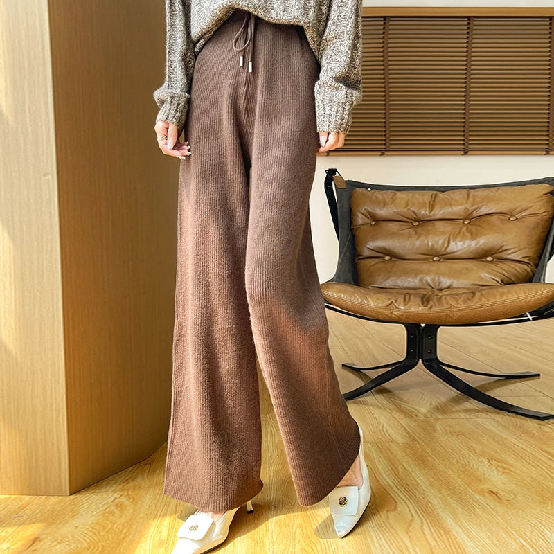 Women's autumn and winter 100% Merino Wool Sprout Leg Pants High Waist Straight leg Casual Knitted Pants Loose Outer Wool Pants