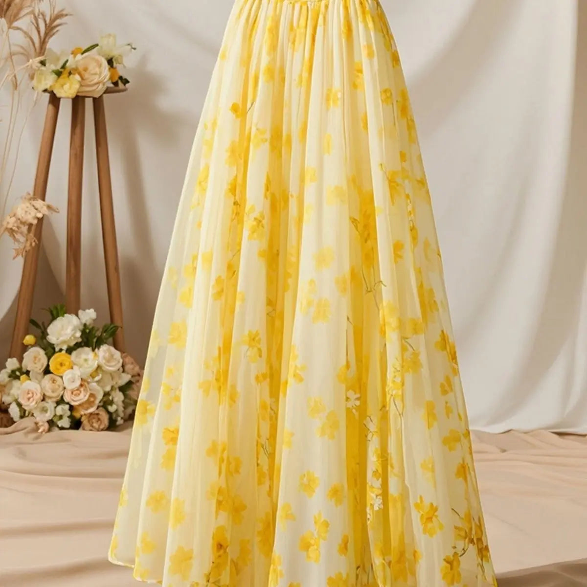 Spring Autumn New Yellow Chiffon Temperament Floral Long Dress Ladies High Waist Skirts Women Clothes All-match A-line Skirt