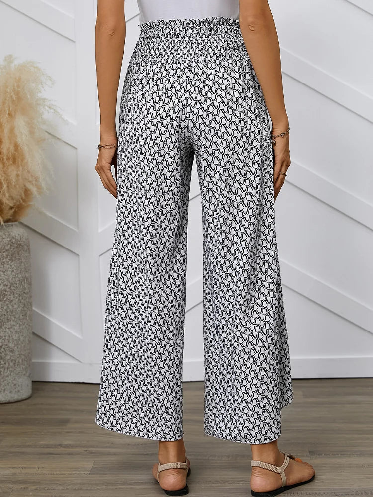 Spring/Summer Women's French Style Full Print Waist Tulip Hem Wide Leg Loose Crossed Long Pants