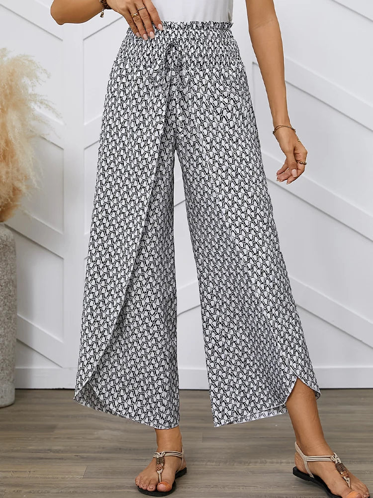 Spring/Summer Women's French Style Full Print Waist Tulip Hem Wide Leg Loose Crossed Long Pants