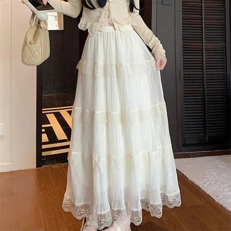 Spring Summer Women Chiffon Skirts Vintage High Waist Elastic Patchwork White Black Chic Long Cake A-line Skirt for Student