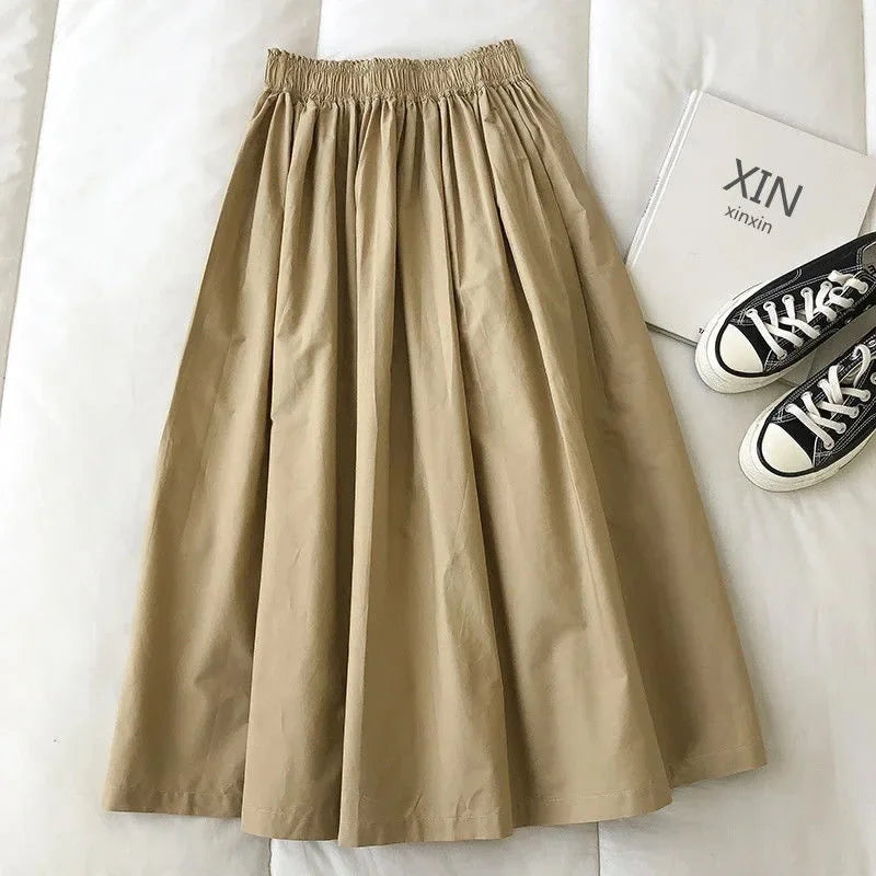 NEW Women's White Long Skirt High Waist A-Line Knee-Length Fashion Pockets Pleated Casual Elegant Skirts for Autumn