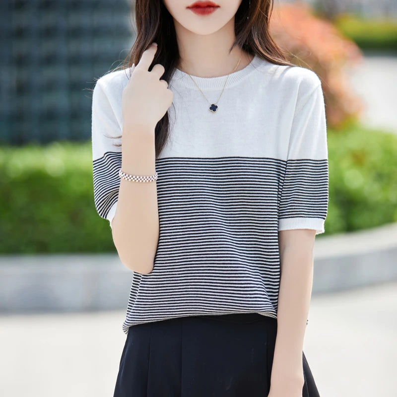 2026 Summer New Women 100% Cotton Knit Striped Round Neck T-Shirt Women Clothing Tops Short Sleeve Sweater Casual Basic Pullover