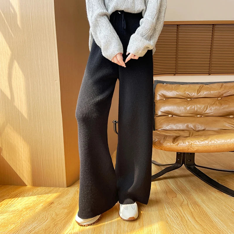 Women's autumn and winter 100% Merino Wool Sprout Leg Pants High Waist Straight leg Casual Knitted Pants Loose Outer Wool Pants