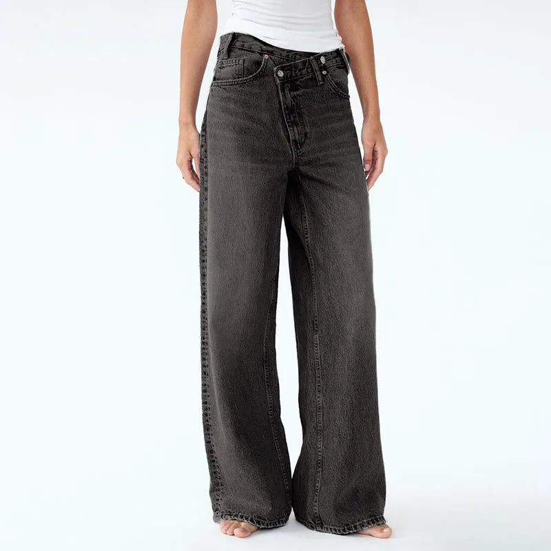 Korean Version Wide Leg Pants With Diagonal Buckle Asymmetrical Street Retro Women'S High Waisted Jeans Loose Casual Pants