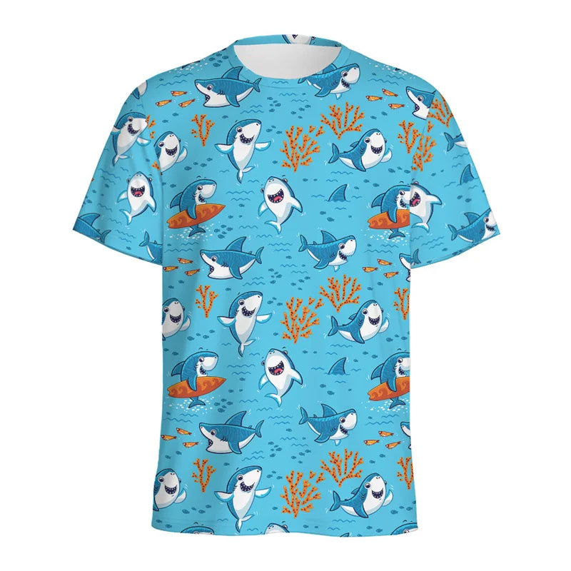Cute Cartoon Shark 3D Printed T Shirt For Men Women Sea Animals Pattern T-Shirt Loose Short Sleeves Round Neck Tee Shirts Tops