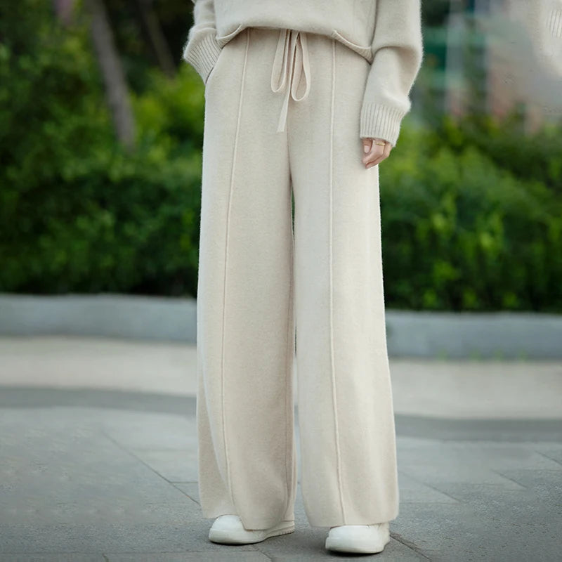 Women's 100% Pure Wool Knitted Casual Center With Pockets Wide Leg Pants for Wearing Outside Jogging Pants Women's Clothing