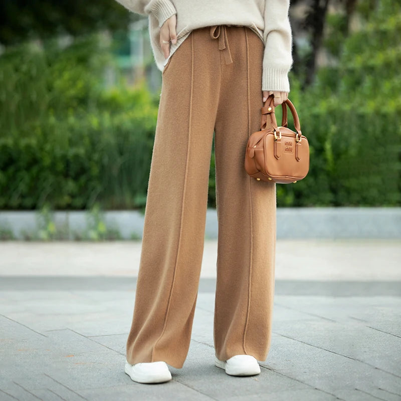 Women's 100% Pure Wool Knitted Casual Center With Pockets Wide Leg Pants for Wearing Outside Jogging Pants Women's Clothing