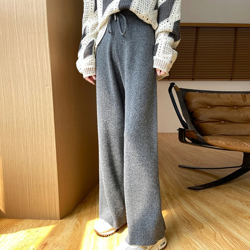 Women's autumn and winter 100% Merino Wool Sprout Leg Pants High Waist Straight leg Casual Knitted Pants Loose Outer Wool Pants