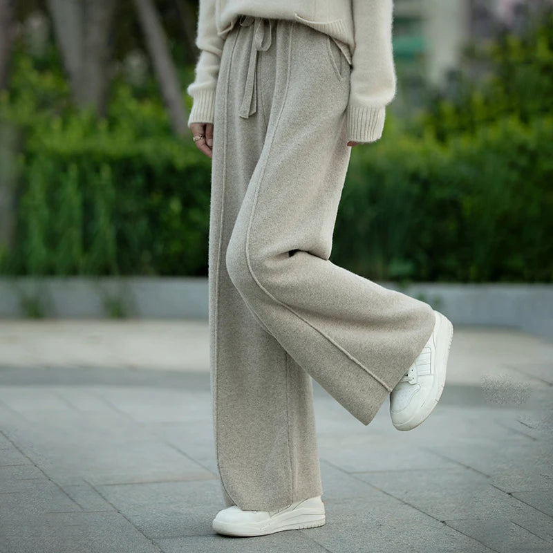 Women's 100% Pure Wool Knitted Casual Center With Pockets Wide Leg Pants for Wearing Outside Jogging Pants Women's Clothing