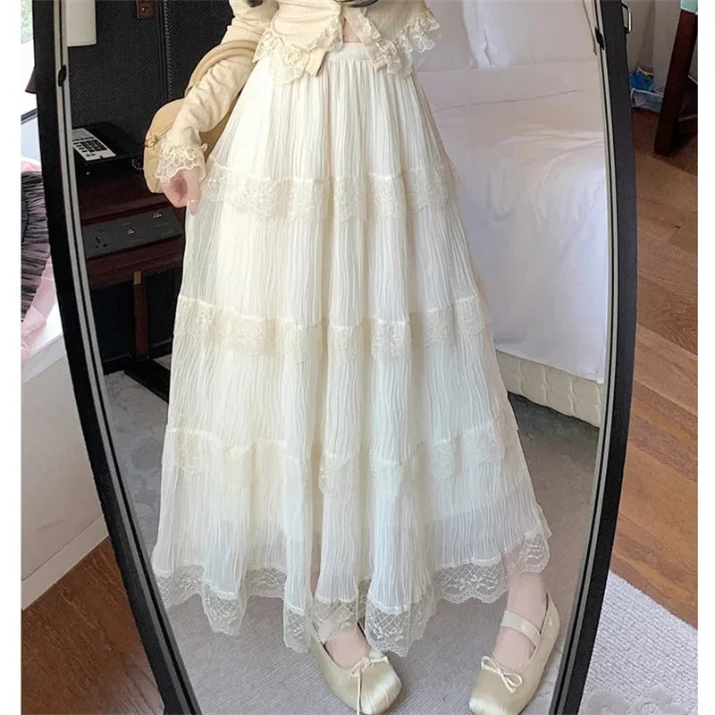 Spring Summer Women Chiffon Skirts Vintage High Waist Elastic Patchwork White Black Chic Long Cake A-line Skirt for Student