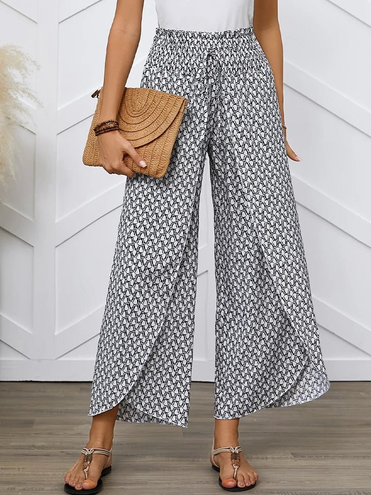 Spring/Summer Women's French Style Full Print Waist Tulip Hem Wide Leg Loose Crossed Long Pants