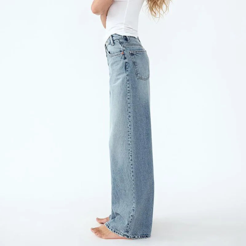 Korean Version Wide Leg Pants With Diagonal Buckle Asymmetrical Street Retro Women'S High Waisted Jeans Loose Casual Pants