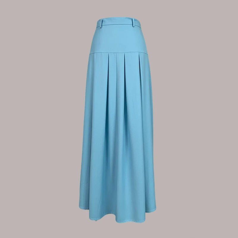 Women's Light Blue High Waist Pleated Midi Skirt 2026 Summer Elegant Office Skirt Cotton and Linen Blended Casual Skirts Bottoms