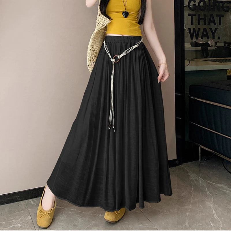 Boho Women's Skirt Cotton Linen Yellow Female Skirts High Waist Harajuku 2025 Trend  Luxury Elegant Vintage Long Skirt With Belt