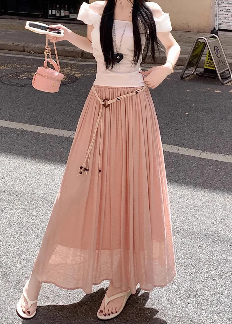 Boho Women's Skirt Cotton Linen Yellow Female Skirts High Waist Harajuku 2025 Trend  Luxury Elegant Vintage Long Skirt With Belt