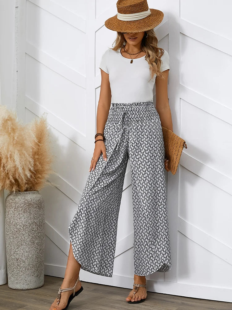 Spring/Summer Women's French Style Full Print Waist Tulip Hem Wide Leg Loose Crossed Long Pants