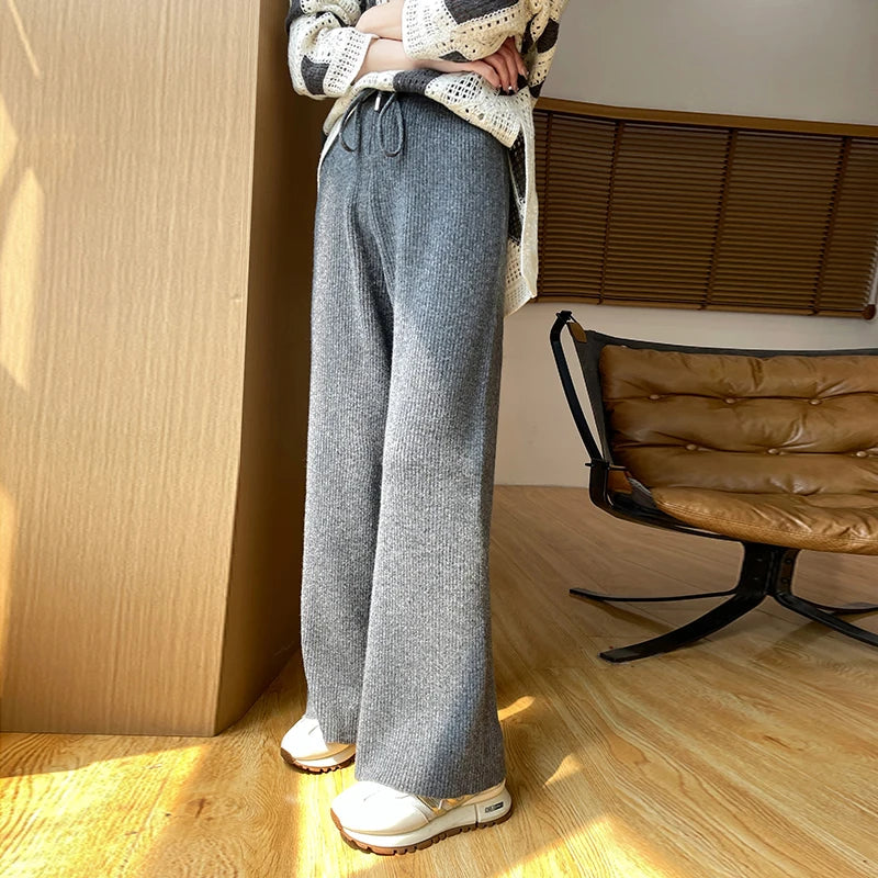 Women's autumn and winter 100% Merino Wool Sprout Leg Pants High Waist Straight leg Casual Knitted Pants Loose Outer Wool Pants