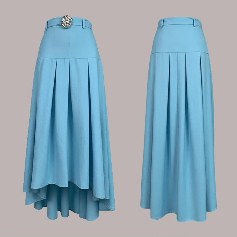 Women's Light Blue High Waist Pleated Midi Skirt 2026 Summer Elegant Office Skirt Cotton and Linen Blended Casual Skirts Bottoms