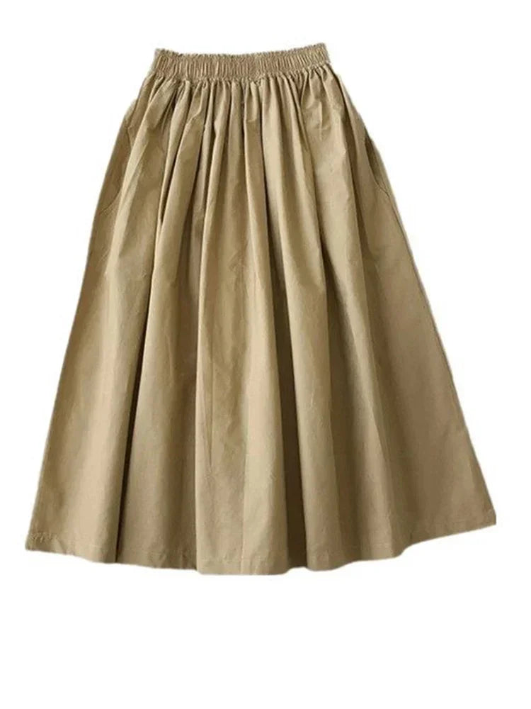 NEW Women's White Long Skirt High Waist A-Line Knee-Length Fashion Pockets Pleated Casual Elegant Skirts for Autumn