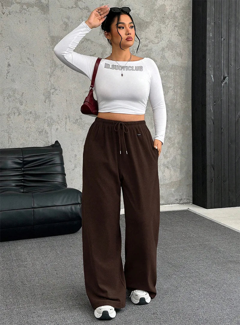 Women's Elastic Waist Drawstring Wide-Leg Pants with Side Pockets, Casual and Minimalist, Suitable for Daily Wear and Outdoor Sp