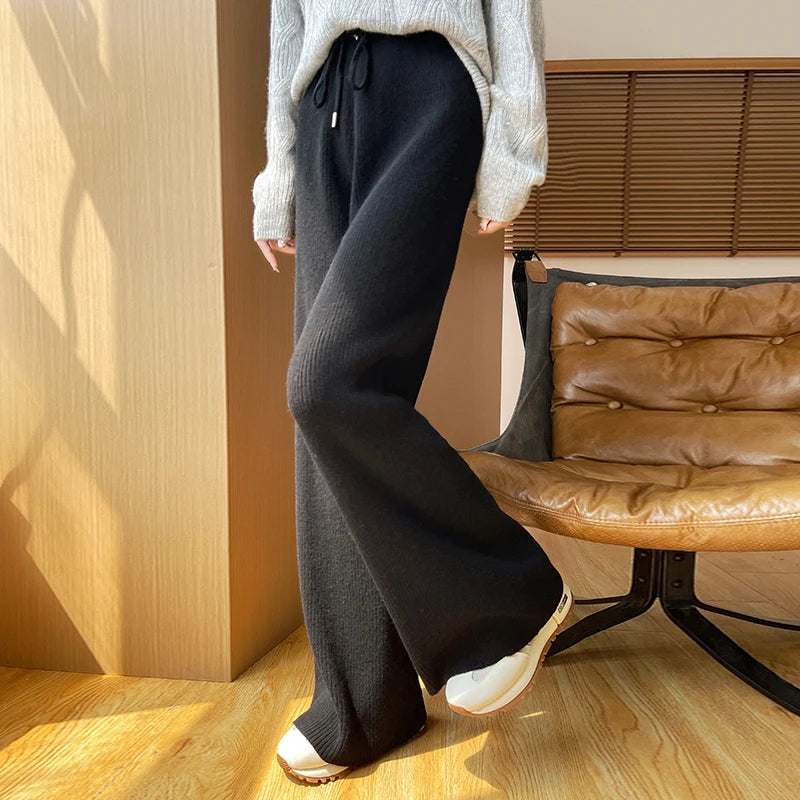 Women's autumn and winter 100% Merino Wool Sprout Leg Pants High Waist Straight leg Casual Knitted Pants Loose Outer Wool Pants