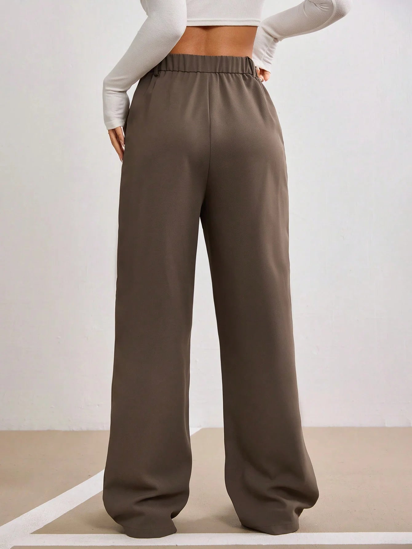 Women Brown Straight Leg Pants High Waist Wide Leg Button Fly Spring Summer Casual Commuting Office Streetwear Fashion Trousers