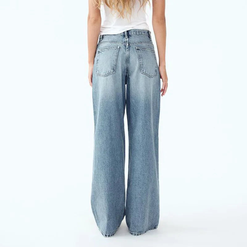 Korean Version Wide Leg Pants With Diagonal Buckle Asymmetrical Street Retro Women'S High Waisted Jeans Loose Casual Pants