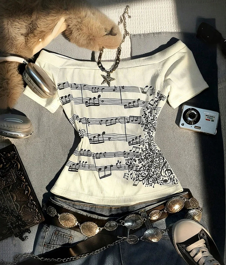 Women's Retro Off-Shoulder Long-Sleeved Slim-Fit T-Shirt, Adorned With Musical Note Print, Fashionable, Y2K Retro Style, High-Qu