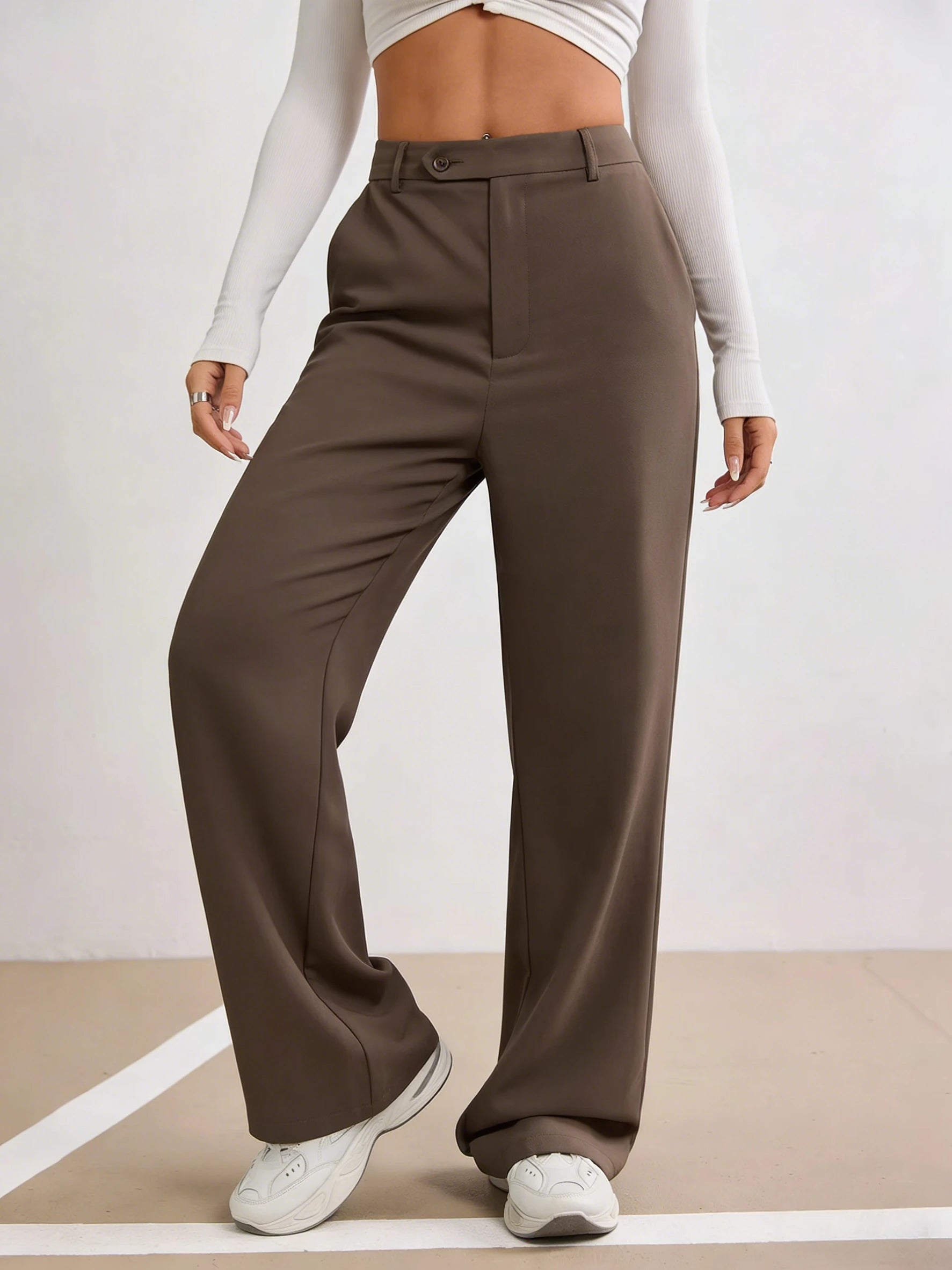 Women Brown Straight Leg Pants High Waist Wide Leg Button Fly Spring Summer Casual Commuting Office Streetwear Fashion Trousers