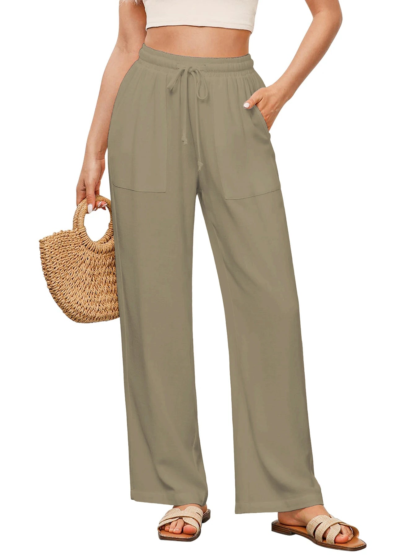 Women's Solid Color Loose Wide Leg Pants Casual Drawstring Straight Pants Pocket Casual Pants Trousers Loose High Waisted Pants
